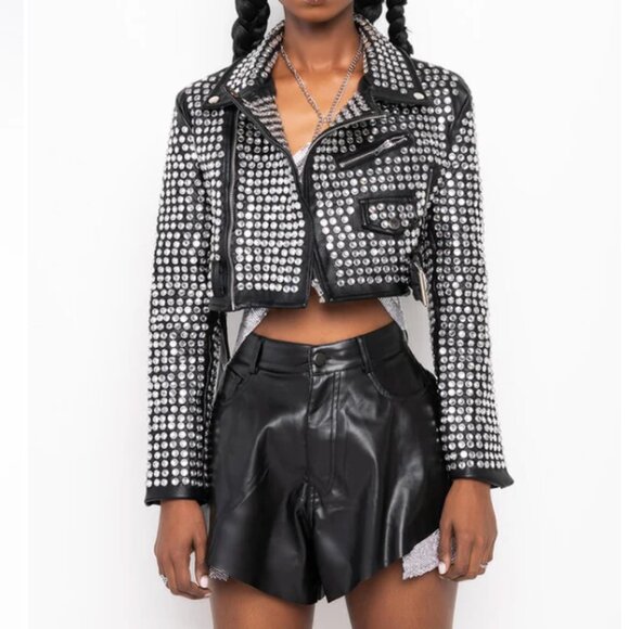 Callie Lives Xena 3006 Black AZALEA WANG 3000 Rhinestone Studded Moto Jacket ML - Picture 10 of 14